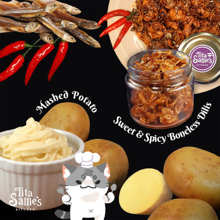 An image of dilis and mashed potato